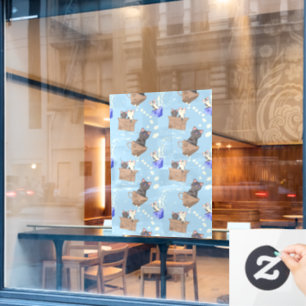 Cats in box and milk drops on blue window cling