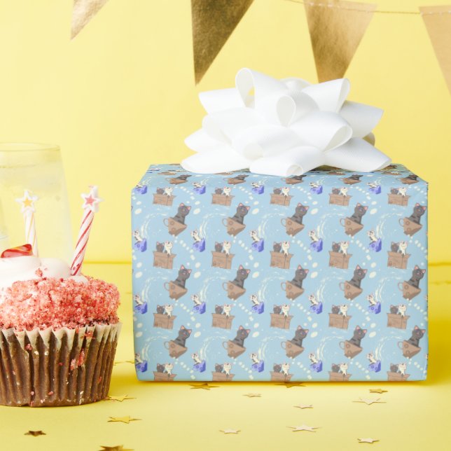 Cats in box and milk drops on blue wrapping paper (Birthday Party)