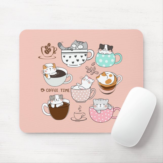 Cats in Coffee Cups Mouse Mat (With Mouse)