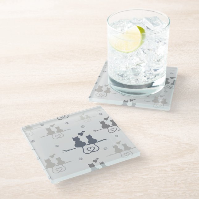 Cats in Love Modern Animal Silhouette Pattern Glass Coaster (Angled)