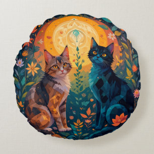 Cats in Nature Scene with Geometric Elements Round Cushion