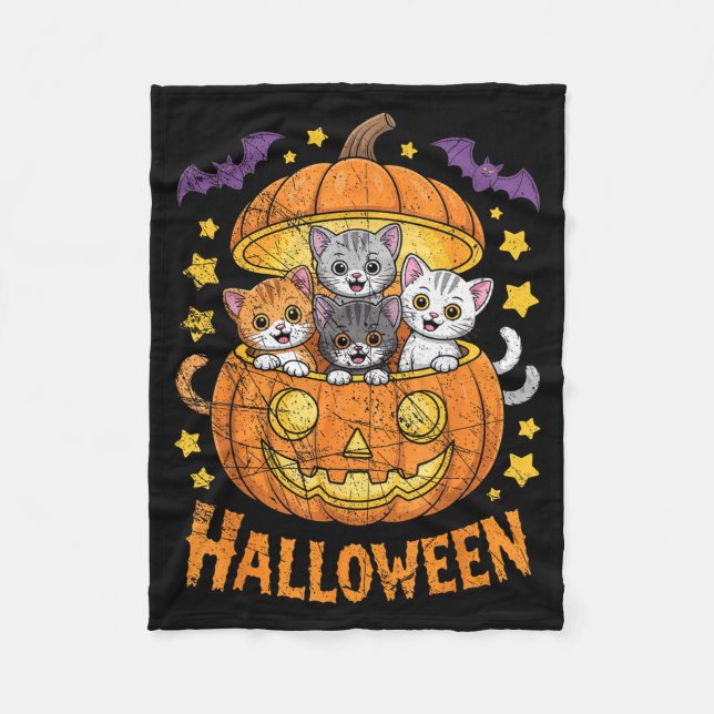 Cats In Pumpkin Cute Halloween Kitties Funny  Fleece Blanket (Front)