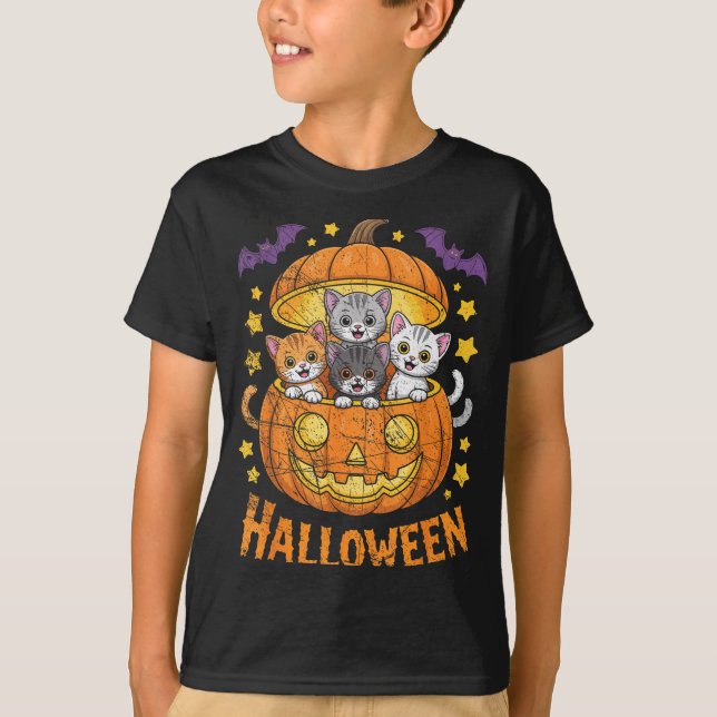 Cats In Pumpkin Cute Halloween Kitties Funny  T-Shirt (Front)
