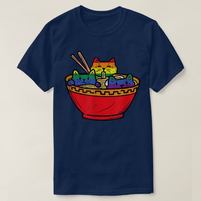 Cats in Ramen Anime Food LGBTQ Rainbow Flag Gay Pr T-Shirt (Design Front)
