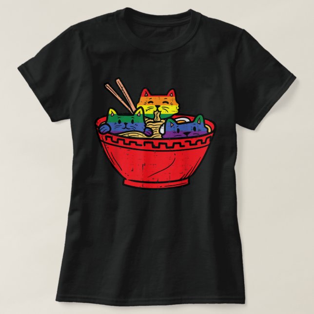 Cats in Ramen Anime Food LGBTQ Rainbow Flag Gay Pr T-Shirt (Design Front)