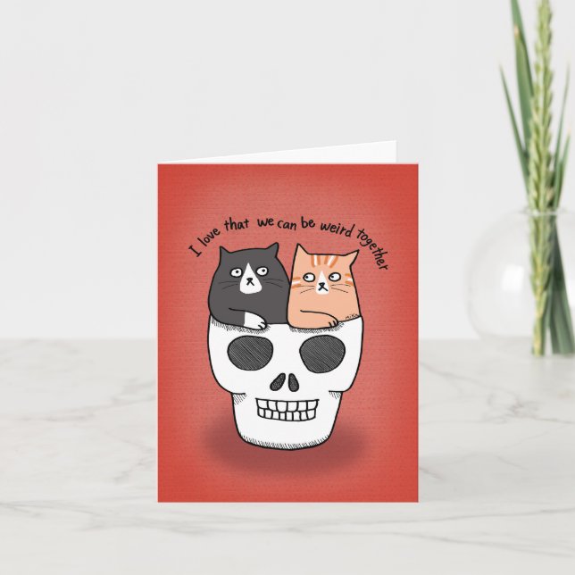 Cats in Skull Weird Funny Anniversary Valentine  Card (Front)