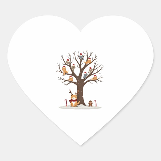 Cats In Snow Tree Winter Christmas Santa Hat X-mas Heart Sticker (Front)