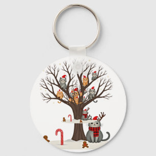 Cats In Snow Tree Winter Christmas Santa Hat X-mas Key Ring