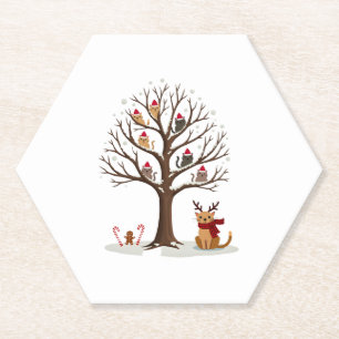 Cats In Snow Tree Winter Christmas Santa Hat X-mas Paper Coaster