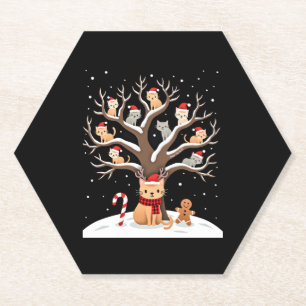 Cats In Snow Tree Winter Christmas Santa Hat X-mas Paper Coaster