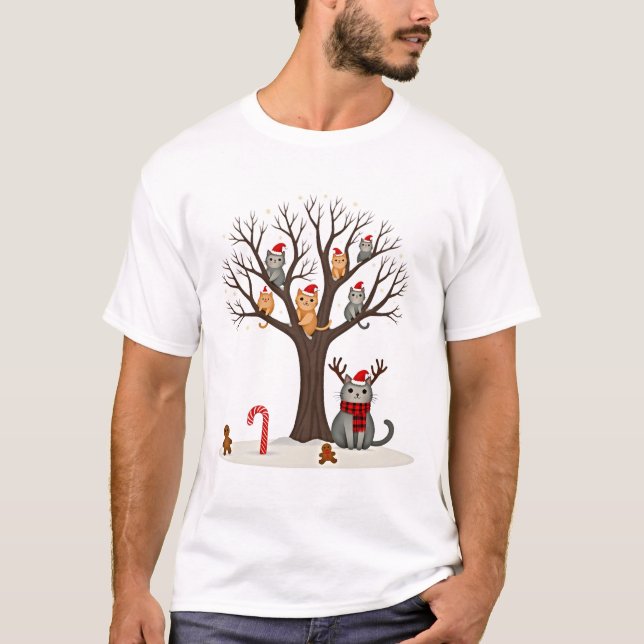 Cats In Snow Tree Winter Christmas Santa Hat X-mas T-Shirt (Front)