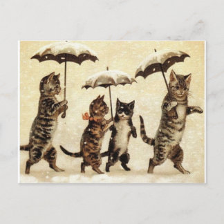 Cats in Snow with Umbrellas Postcard