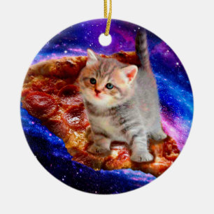 Cats in space pizza ceramic tree decoration