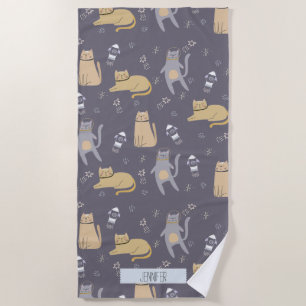 Cats in Space Seamless Pattern Custom Name Beach Towel