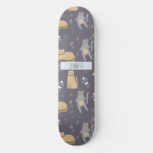 Cats in Space Seamless Pattern Custom Name Skateboard (Front)