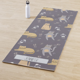 Cats in Space Seamless Pattern Custom Name Yoga Mat