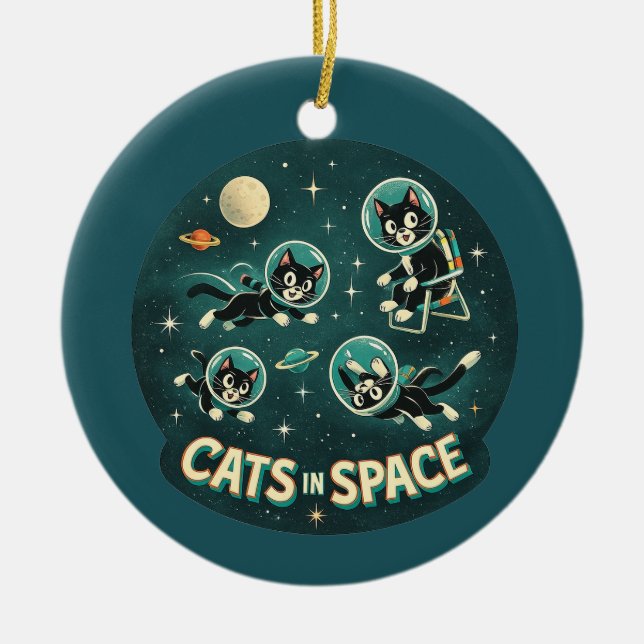 Cats in space UFO funny humor kitty Ceramic Tree Decoration (Front)
