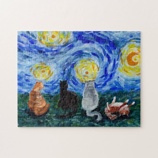 Cats in Stary Night Inspired Watercolor Painting Jigsaw Puzzle (Horizontal)