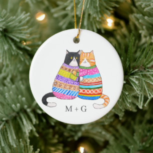 Cats in Sweater Snuggling Couple Custom Christmas Ceramic Tree Decoration