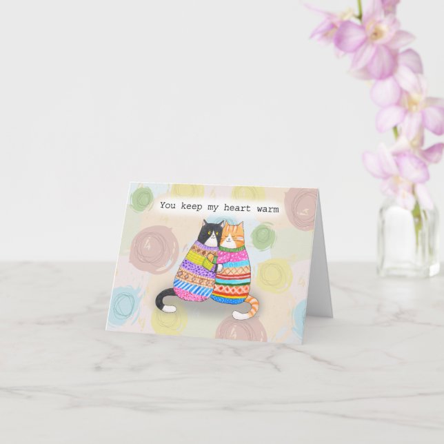 Cats in Sweater Snuggling You Make My Heart Warm Card (Orchid)
