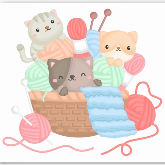 Cats In The Basket Sticker (A digital illustration depicts three cartoon cats nestled amongst balls of yarn and knitting needles)