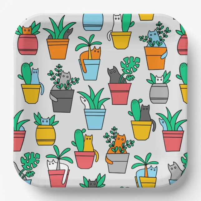 Cats in the flowerpots paper plate (Front)