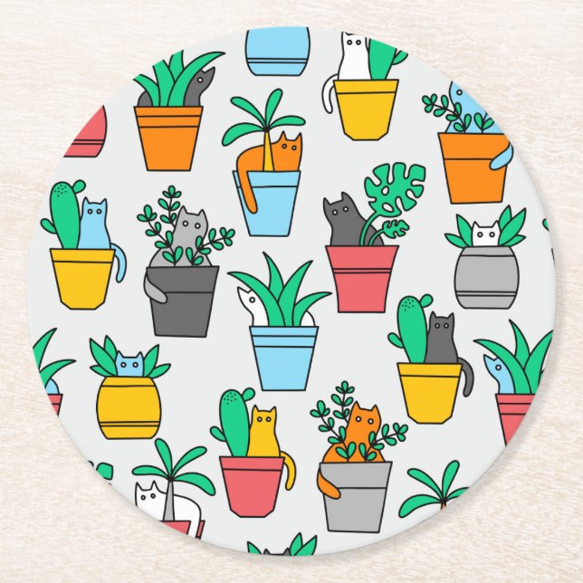 Cats in the flowerpots round paper coaster (Front)