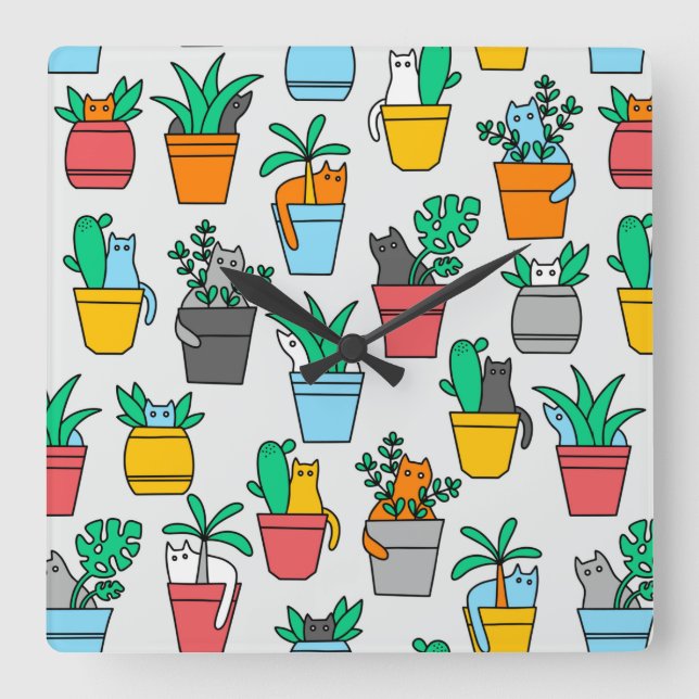 Cats in the flowerpots square wall clock (Front)