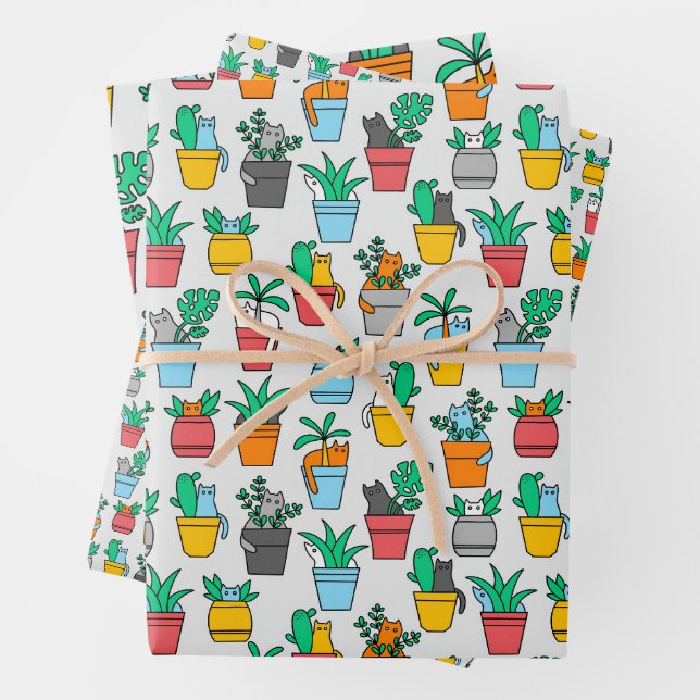Cats in the flowerpots wrapping paper sheet (In situ)