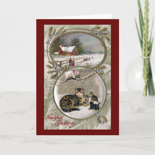 Cats in the Snow Vintage New Year Holiday Card