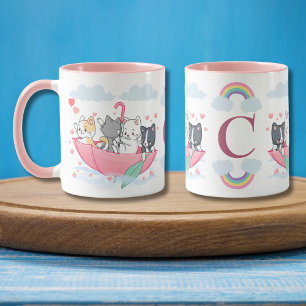 Cats in the Umbrella Boat with Hearts Monogram Mug