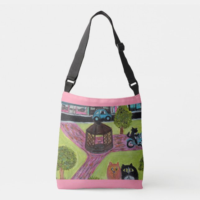 Cats in Town Park Folk Art Fun Painting Crossbody Bag (Front)