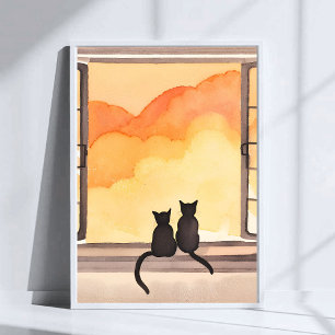 Cats in Window Sunset Watercolor Silhouette Art Poster