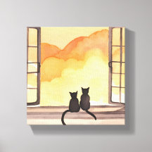Cats in Window | Sunset Watercolor Silhouette