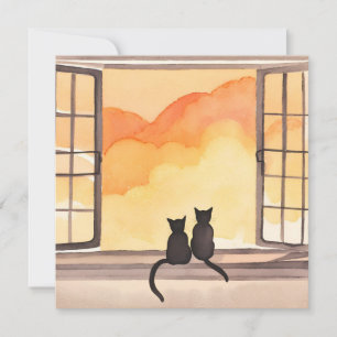 Cats in Window   Sunset Watercolor Silhouette Card