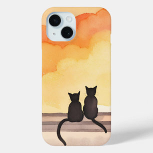 Cats in Window Sunset Watercolor Silhouette iPhone 15 Case