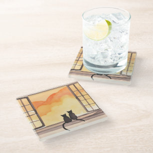 Cats in Window   Sunset Watercolor Silhouette Glass Coaster