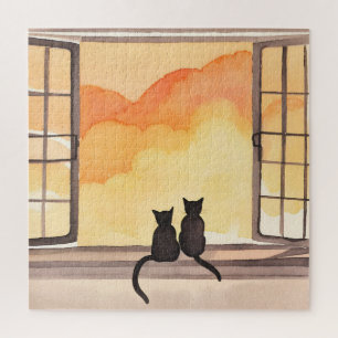 Cats in Window Sunset Watercolor Silhouette Jigsaw Puzzle