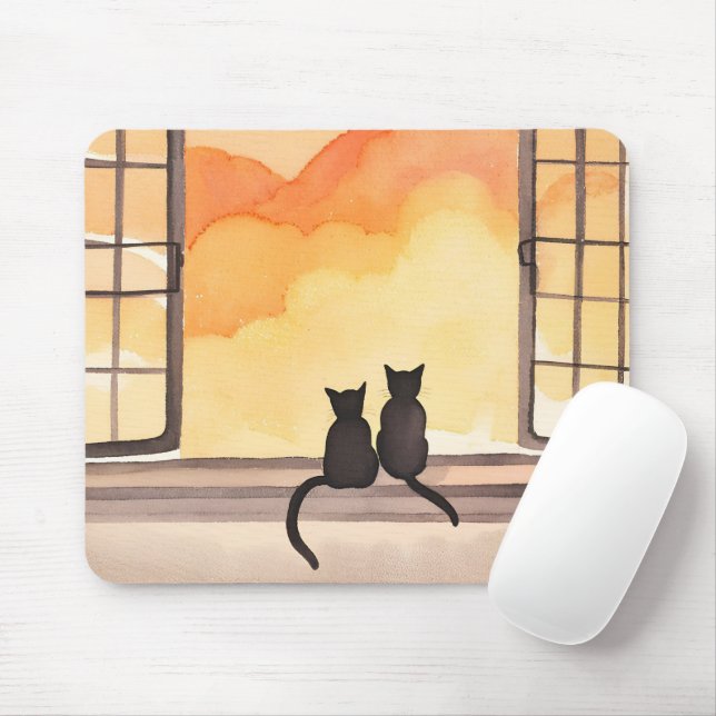 Cats in Window | Sunset Watercolor Silhouette Mouse Mat (With Mouse)