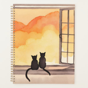 Cats in Window Sunset Watercolor Silhouette Planner
