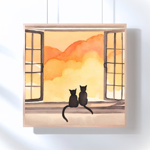 Cats in Window   Sunset Watercolor Silhouette Poster