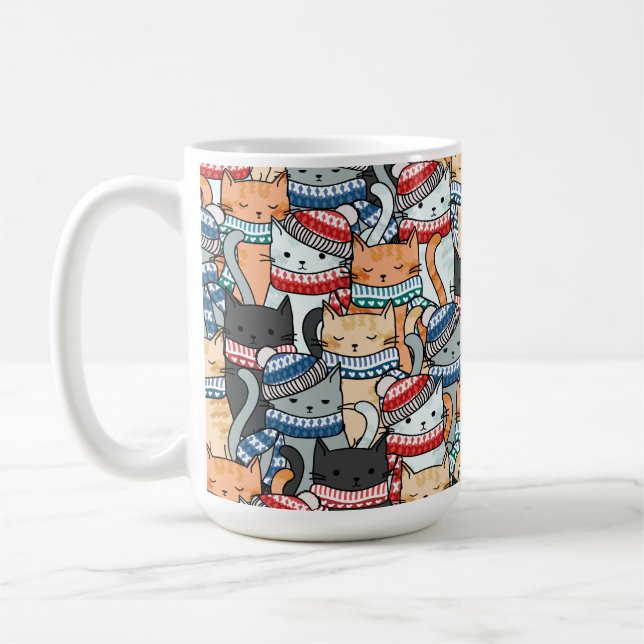 Cats in Winter Scarves & Hats Pattern Coffee Mug (Left)