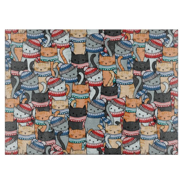 Cats in Winter Scarves & Hats Pattern Cutting Board (Front)