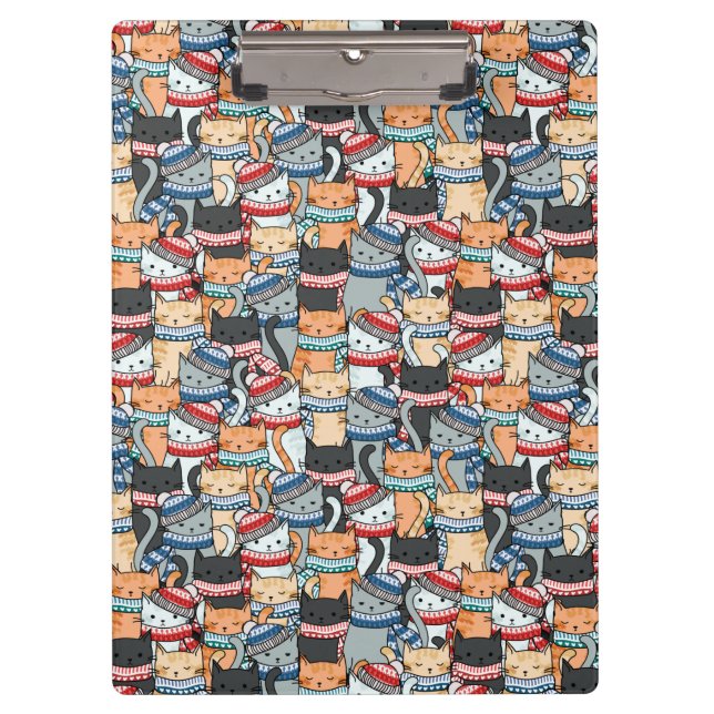 Cats in Winter Scarves & Hats Pattern Fabric Clipboard (Front)