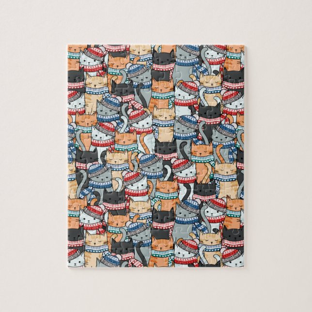 Cats in Winter Scarves & Hats Pattern Jigsaw Puzzle (Vertical)