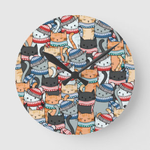Cats in Winter Scarves & Hats Pattern Round Clock