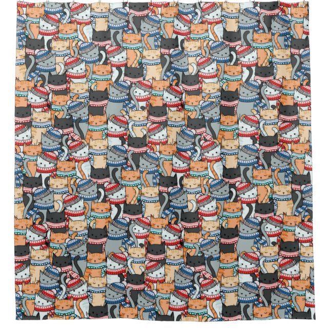 Cats in Winter Scarves & Hats Pattern Shower Curtain (Front)