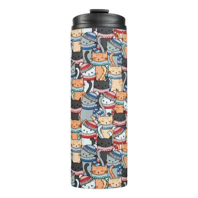 Cats in Winter Scarves & Hats Pattern Thermal Tumbler (Front)