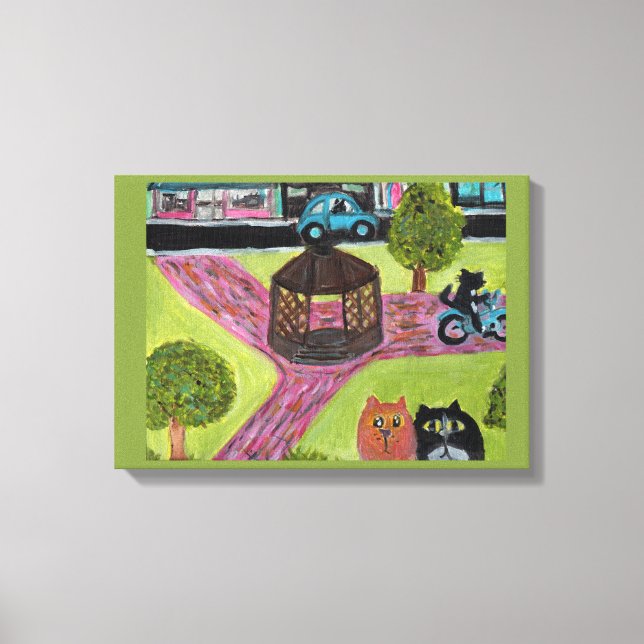 Cats Inside Town Square Cute Folk Art  Canvas Print (Front)