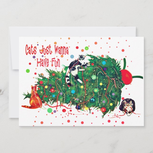 Cats Just Wanna Have Fun Christmas Tree Mischief Holiday Card (Front)